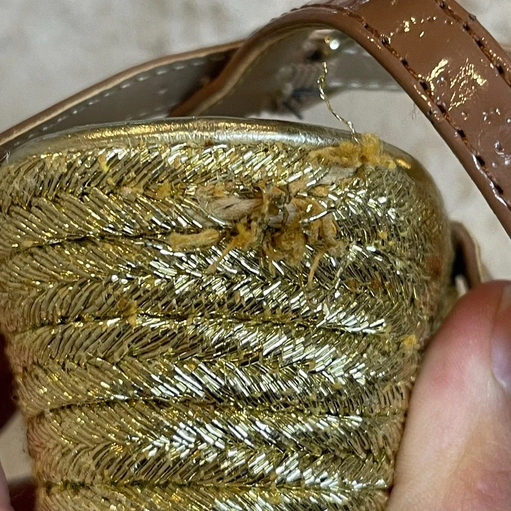 Michael Kors Gold Tan Monogram Espadrille Wedge Sandals MK Logo Buckle Strap